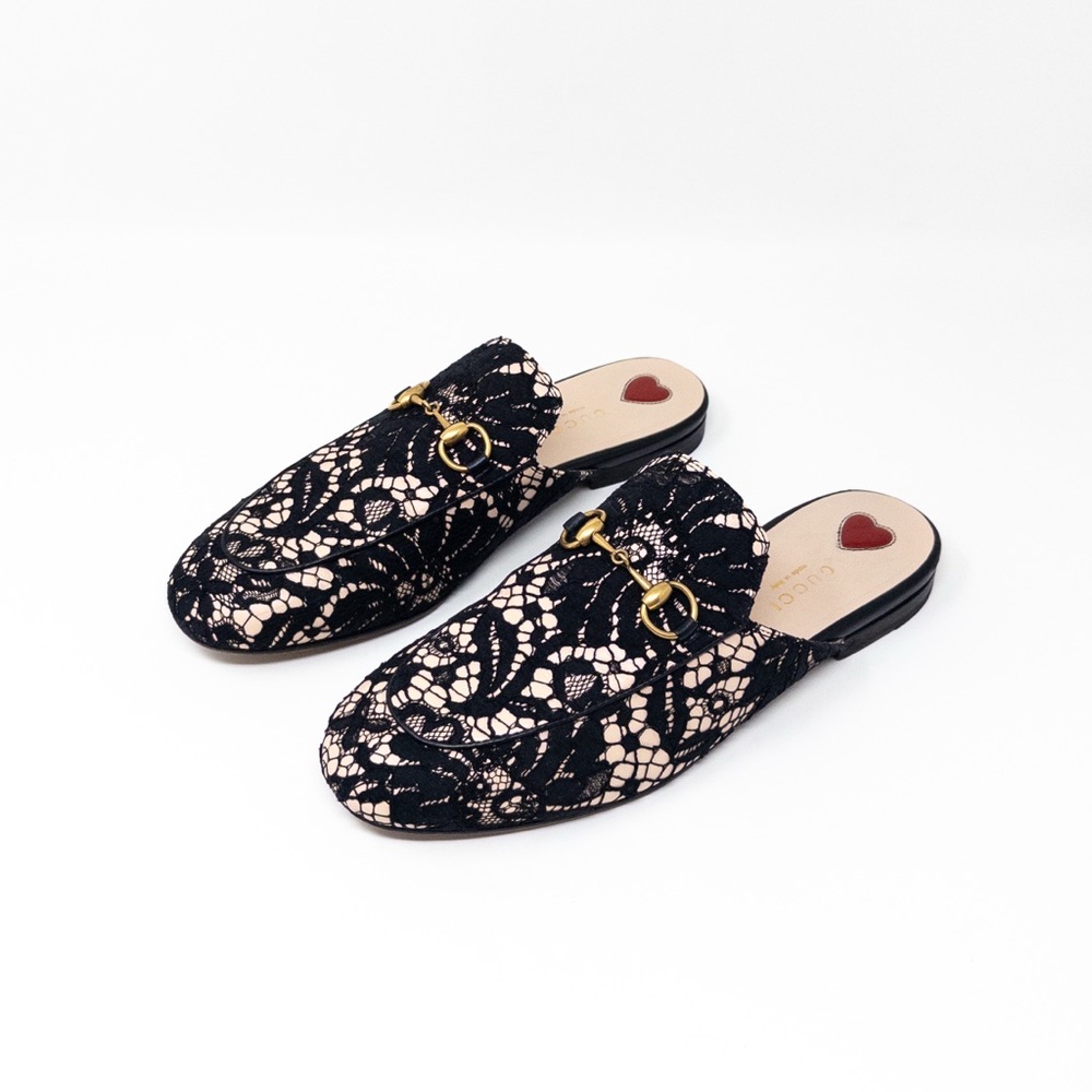 Gucci Princetown Lace Mules (Sz 37.5) Horsebit Flat Slippers Loafers Black